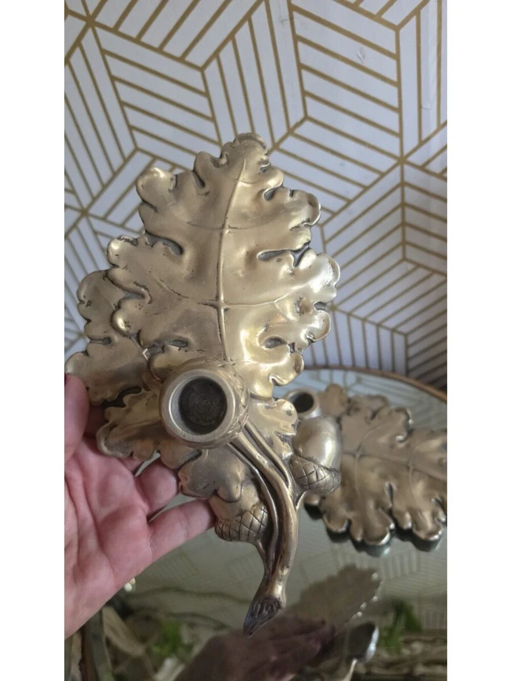 Vintage Aluminum Pair Bruce Fox Design Acorn Oak Leaf Candlestick Holders Signed